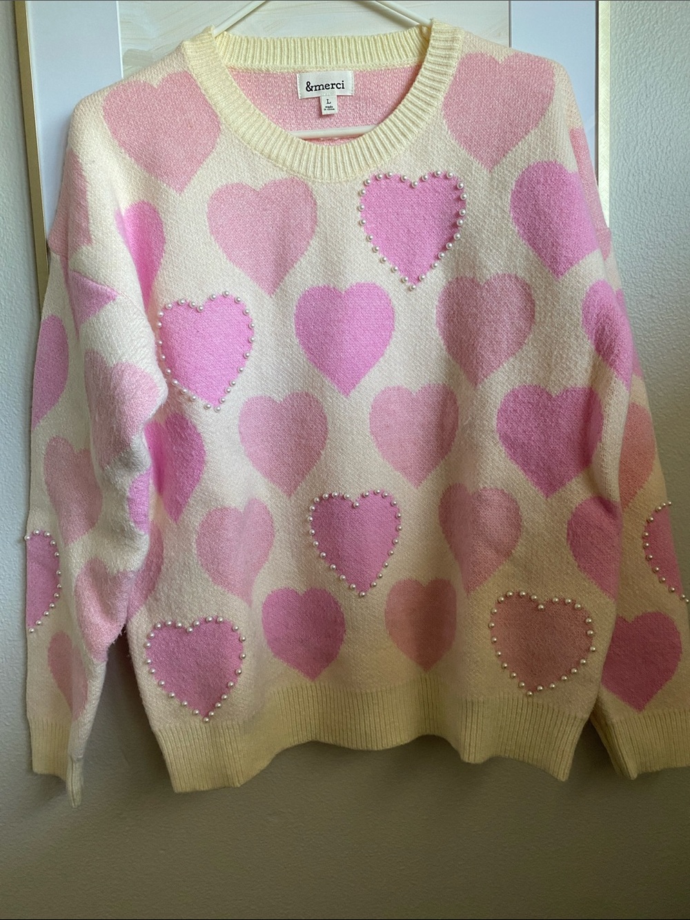 &merci Pink Heart Pearl-Accent Crewneck Sweater